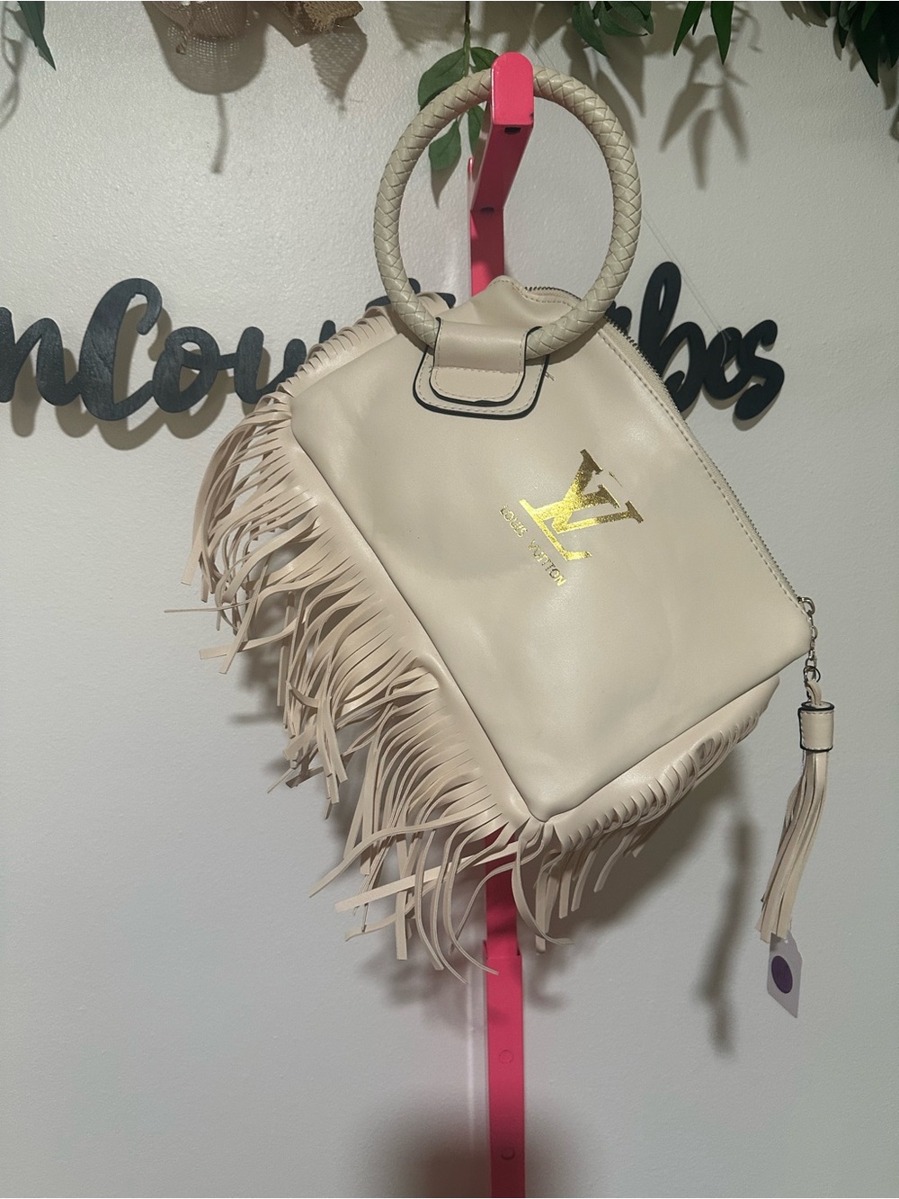 Louis Vuitton Beige Fringe Leather Shoulder Bag with Gold Logo